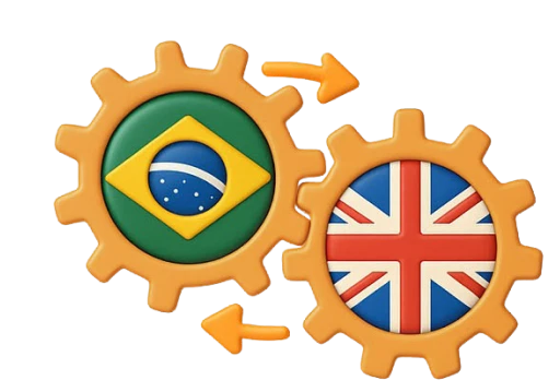 Engrenagens com as bandeiras do Brasil e do Reino Unido